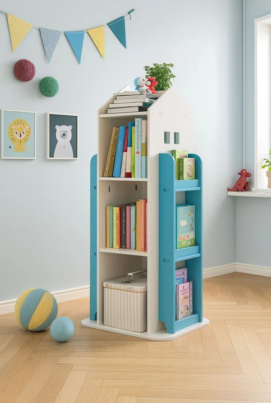Image of Neo Blue House Shaped 360° Rotating Kid's Children's Freestanding Bookshelf Blue Unisex