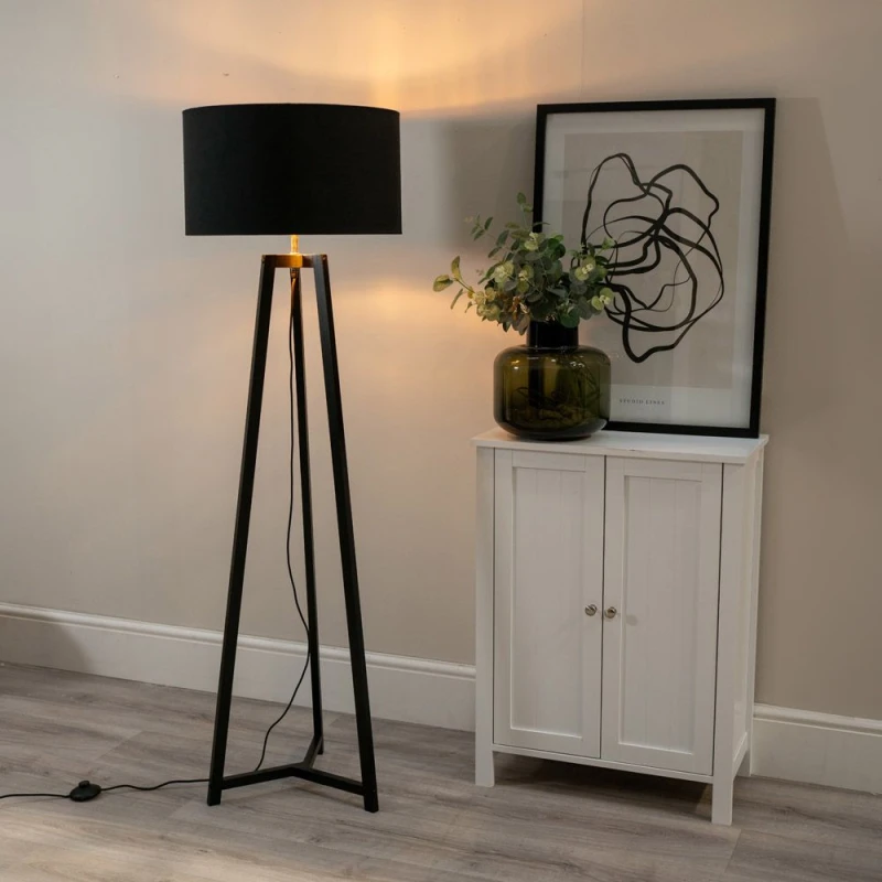 Image of ValueLights Lottie Black Wood Tripod Floor Lamp with Black and Gold Drum Shade Black