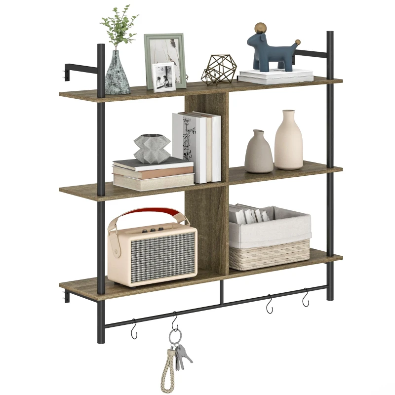 Image of HOMCOM Wall Shelf Unit with 4 Hooks for Living Room - Grey Wood Effect TJ Hughes 5063603878815