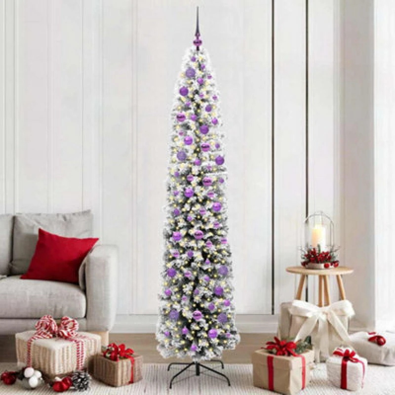Image of vidaXL Artificial Christmas Tree with 300 LEDs, Lilac Balls with Stand Snow Flocked Green 210 x 55 cm, Green 3395037