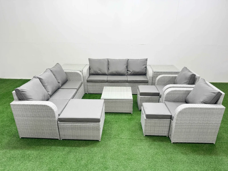 Image of Fimous PE Rattan High Back Lounge Sofa Set Patio Square Coffee Table & Chairs Set with 3 Seater Sofa Reclining Chair 3 Stools 2 Side Table Light Grey
