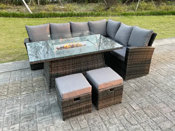 Image of Fimous 8 SeaterDark Grey Rattan Gas Fire Pit Dining Sofa Complete Set with Heater and 2 Stools
