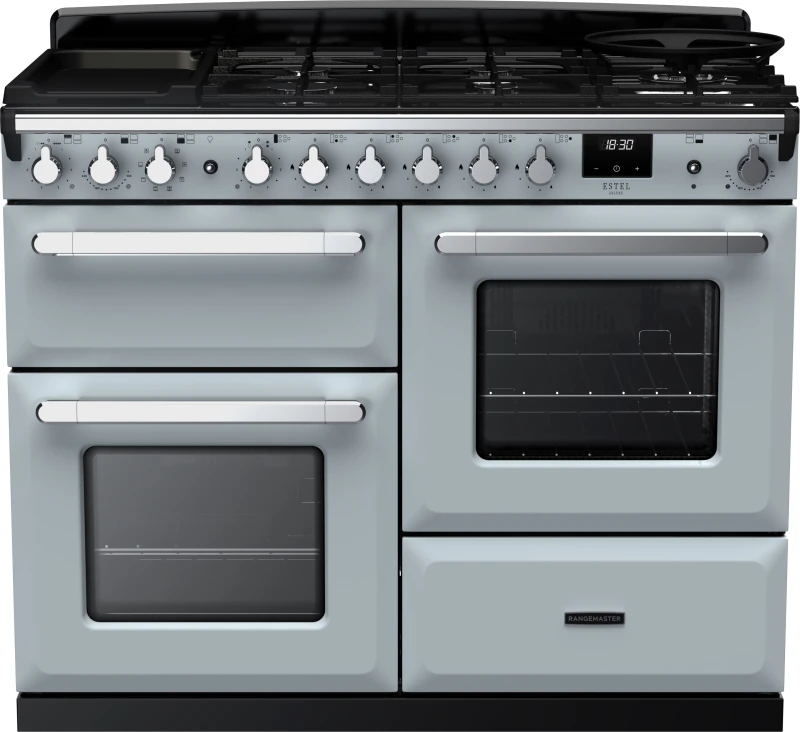Image of Rangemaster Estel Deluxe ESDLO110DFPMSB/CM1 110cm wide Dual Fuel Range Cooker with Gas Hob - Misty Blue / Chrome - A/A Rated