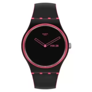 Image of Swatch Minimal Line Pink Quartz Black Dial Black Silicone Strap Unisex Watch SO29P700