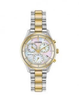 Image of Citizen Eco-Drive Mother Of Pearl And Gold Detail Chronogrpah Dial Two Tone Stainless Steel Bracelet Ladies Watch
