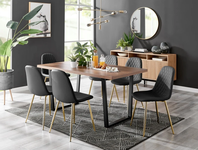 Image of FurnitureboxUK FurnitureboxUK Kylo Large Brown Wood Effect Dining Table & 6 Corona Gold Leg Faux Leather Chairs in Black One Size Unisex 5056657