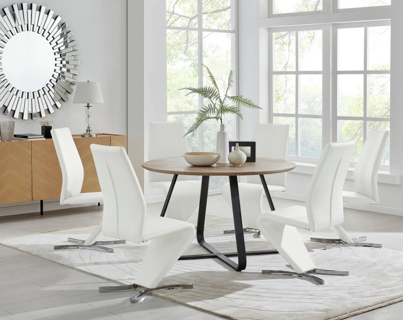 Image of FurnitureboxUK FurnitureboxUK Santorini Brown Wood Effect Dining Table & 6 Willow Chairs in Off White Off White One Size Unisex 5056657124205