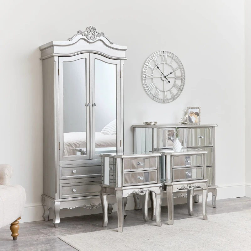 Image of Melody Maison Mirrored Closet, Chest Of Drawers & Pair Of Bedsides - Tiffany Range Metallic Silver