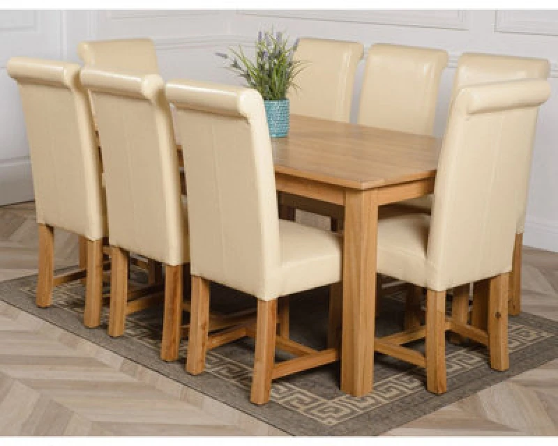 Image of Thats Furniture Oslo 180 x 90cm Large Oak Dining Table & 8 Washington Leather Chairs in Cream Cream Unisex 180 x 90 cm