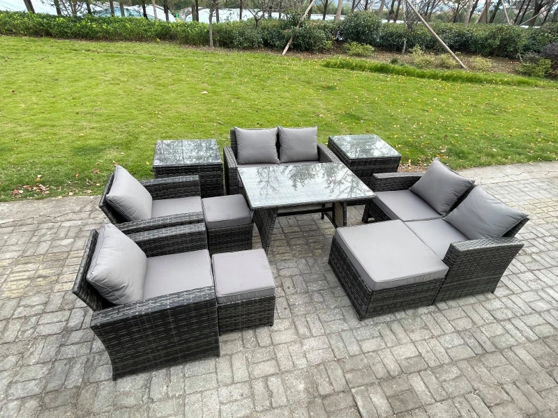 Image of Fimous Garden Furniture Sets 10 Pieces Wicker Rattan Furniture Manual Wicker Patio Sofa Patio Conversation Set with 3 Footstools in Dark Grey Dark Gre