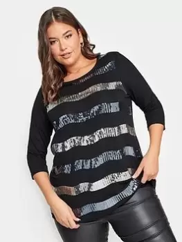 Image of Yours Black Sequin Striped Top, Black, Size 16, Women
