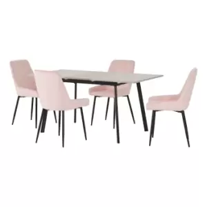 Image of Avery Concrete Effect Extendable Dining Table with 4 Pink Dining Chairs Baby Pink