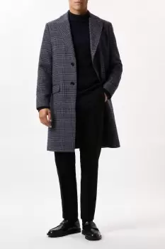 Image of Navy Wool Blend Checked Overcoat
