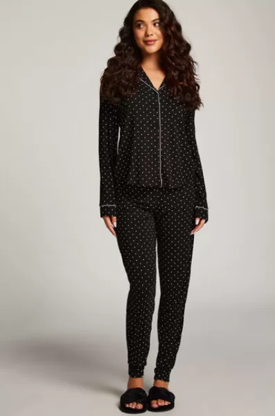 Image of Hunkemoller Long Sleeve Lace Pajama Set Black