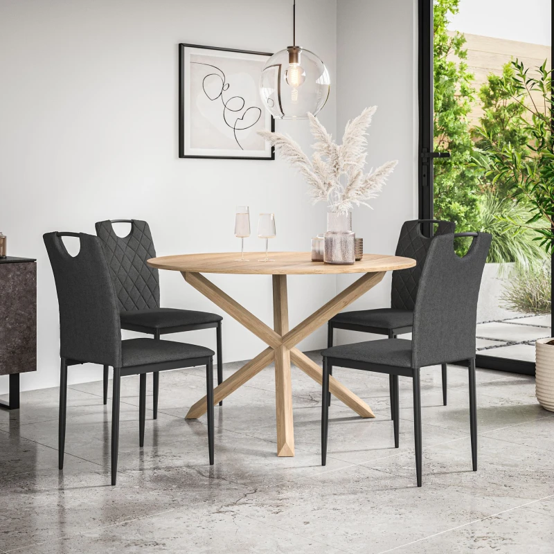 Image of More4Homes Malvern Round Dining Table And Chairs - Oak Table Top W Solid Oak Legs + Monza Fabric Dining Chair Set Of 4 (Charcoal)