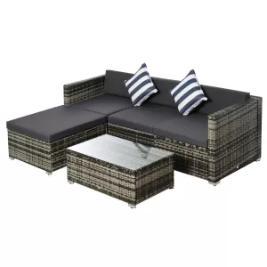 Image of Outsunny 5PC Rattan Furniture Set Garden Sectional Wicker Sofa Glass Tepmpered Tea Table w/ Cushion Pillows