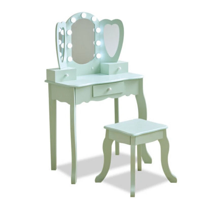 Image of Teamson Kids Heart-Shaped Vanity In Sage Green With LED Lights, Triple Mirror, Stool & Storage Drawers