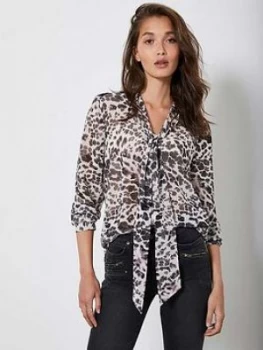 Image of Mint Velvet Amber Animal Print Tie Neck Longline Blouse - Neutral Size 16, Women