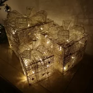 Image of Premier Christmas Set of 3 Glitter Parcels in Gold complete with White Bow & LED Lights Mains Operated