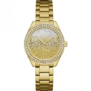 Image of GUESS Ladies gold watch with silver and white glitter logo dial.