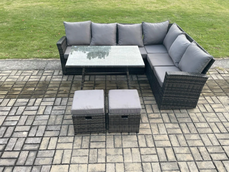 Image of Fimous Outdoor Furniture Garden Dining Set Rattan Corner Sofa Set Rectangular Dining Table with Temper Glass 2 Small Footstools in Dark Grey Dark Grey