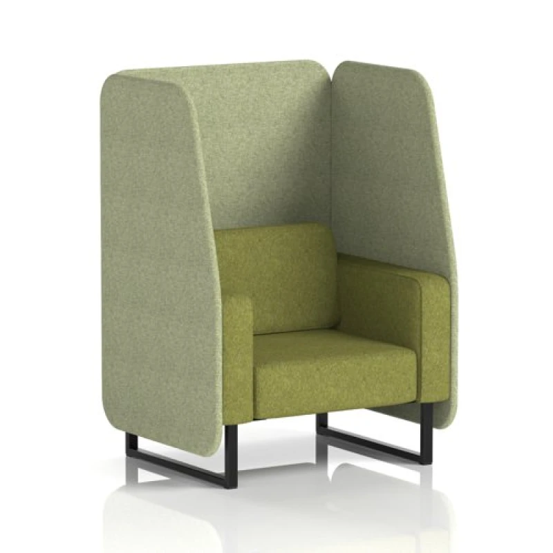 Image of Brixworth 1 Seater Open Office Booth with Black Legs in Rivet Fabric - Burnish Panels and Olive Sofa