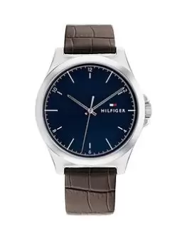 Image of Tommy Hilfiger mens watch with a brown croc leather strap, Brown, Men