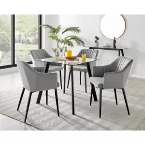 Image of Furniturebox UK - Furniturebox Seattle Glass and Black Metal Leg Square Dining Modern Industrial Dining Table & 4 Grey Calla Black Leg Velvet Chairs