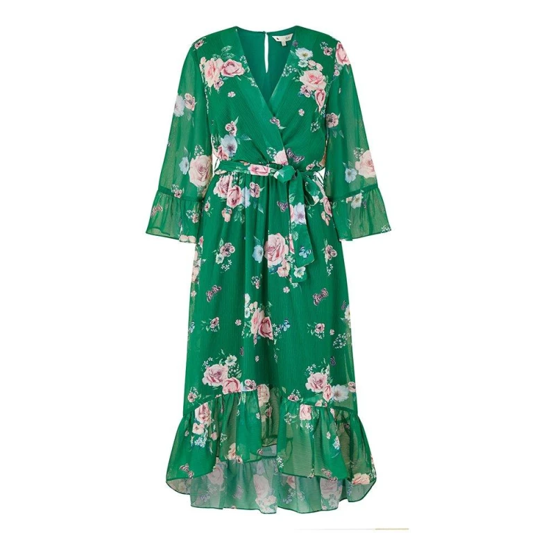 Image of Yumi Yumi Green Floral Wrap Dress With Dipped Hem Green 6XL