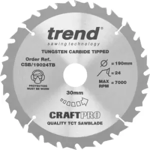 Image of Trend CRAFTPRO Wood Cutting Cordless Saw Blade 190mm 24T 30mm