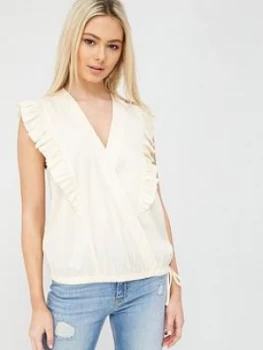 Image of Calvin Klein Jeans V Neck Frill Trim Top - White
