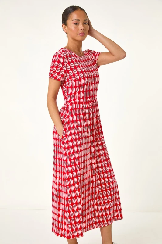 Image of Roman Womens Petite Geometric Spot Pocket Midi Dress in Red Size: 8 Red Female 8