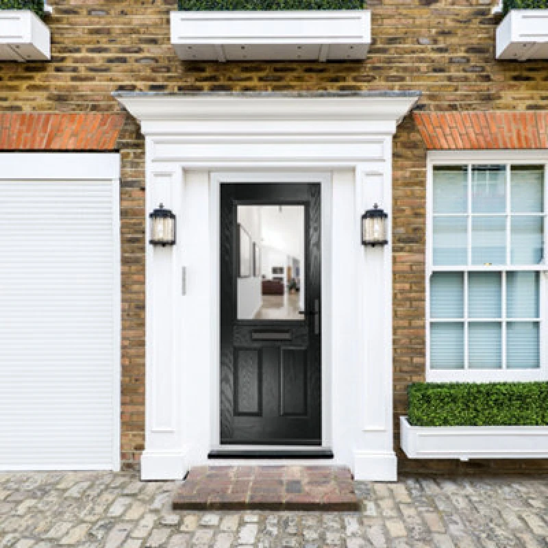 Image of Lacerta Composite Door Lytham Black 920mm X 2090mm Open In Left Hand Clear Glass 10 Year Guarantee - Free Delivery & Smart Lock