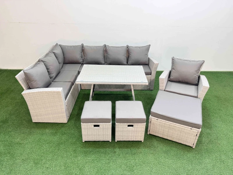 Image of Fimous Garden Outdoor Rattan Furniture Set with Armchair 3 Footstools 10 Seat in Light Grey Light Grey Unisex
