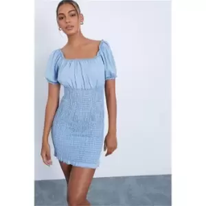 Image of I Saw It First Shirred Denim Puff Sleeve Mini Dress - Blue