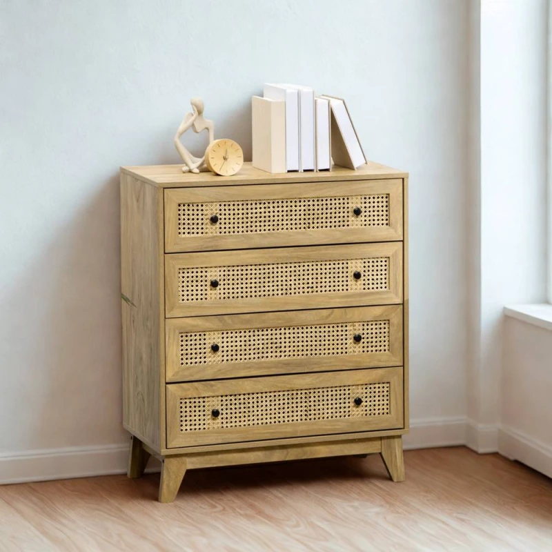 Image of FURNOS Wide Rattan Effect 4 Drawers Bedroom Storage Chest Unit in Brown Brown Unisex