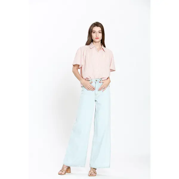 Image of Striped Cotton/Linen Shirt with Short Sleeves