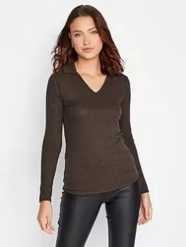 Image of Long Tall Sally Ls Ribbed Collar Top - Brown, Size 10, Women