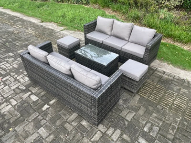 Image of Fimous 8 Seater Rattan Garden Furniture Set Outdoor Patio Sofa Set with Oblong Coffee Table Small Footstools Dark Grey Mixed Dark Grey