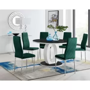 Image of Furniturebox UK - Furniturebox Giovani Black 120cm Round Dining Table and 6 Green Velvet Milan Dining Chairs With Silver Legs