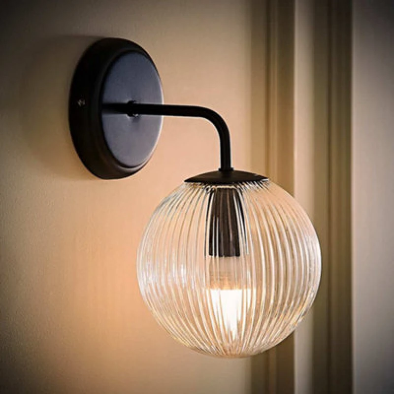 Image of ValueLights ValueLights Kempton Ribbed Glass Globe Shade Single Arm Wall Light with Bulb in Black One Size Unisex 5059406071270