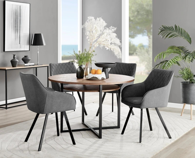 Image of FurnitureboxUK FurnitureboxUK Adley Brown Wood Storage Dining Table & 4 Falun Black Leg Chairs in Dark Grey Dark Grey One Size Unisex 5056542686511