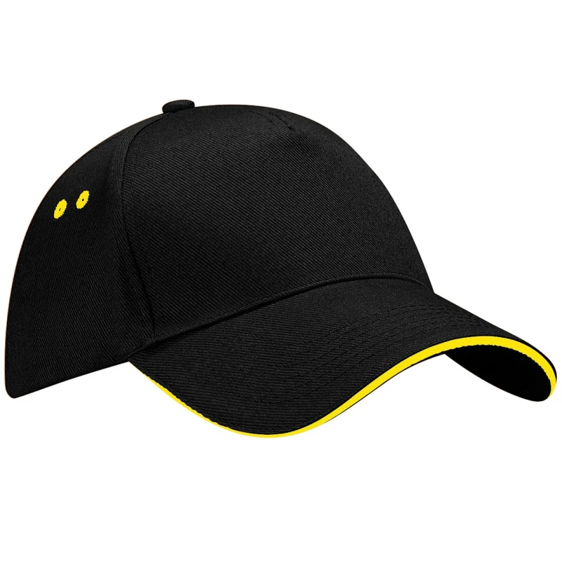Image of Beechfield Beechfield Men Ultimate 5 Panel Contrast Baseball Cap With Sandwich Peak Headwear in Black One Size Male 5055747773002