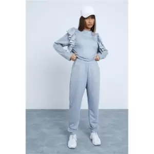 Image of I Saw It First Silver Grey Frill Sleeve Detail Sweatshirt And Jogger Set - Grey