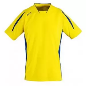 Image of SOLS Childrens/Kids Maracana 2 Short Sleeve Football T-Shirt (6 Years) (Lemon/Royal Blue)