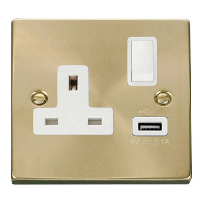 Image of SE Home Satin / Brushed Brass 1 Gang 13A DP 1 USB Switched Plug Socket Gold unisex