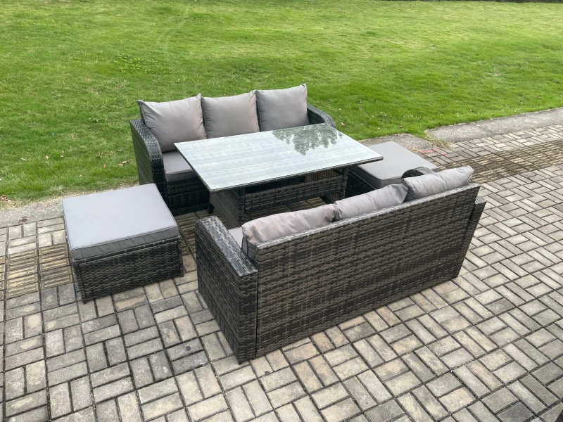 Image of Fimous Patio Rattan Garden Furniture Set with Oblong Rectangular Dining Table 2 Big Footstool 5 Pieces Outdoor Lounge Sofa Set in Dark Grey Dark Grey