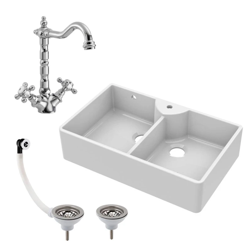 Image of Balterley Fireclay 2 Bowl Stepped Weir Butler Sink 1 Tap Hole Tap Waste 895mm White