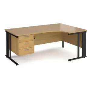 Image of Office Desk Right Hand Corner Desk 1800mm With Pedestal Oak Top With Black Frame 1200mm Depth Maestro 25 MCM18ERP3KO