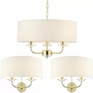 Image of 3 Bulb Ceiling Pendant Lamp & 2x Matching Twin Wall Light Modern Brass Plate